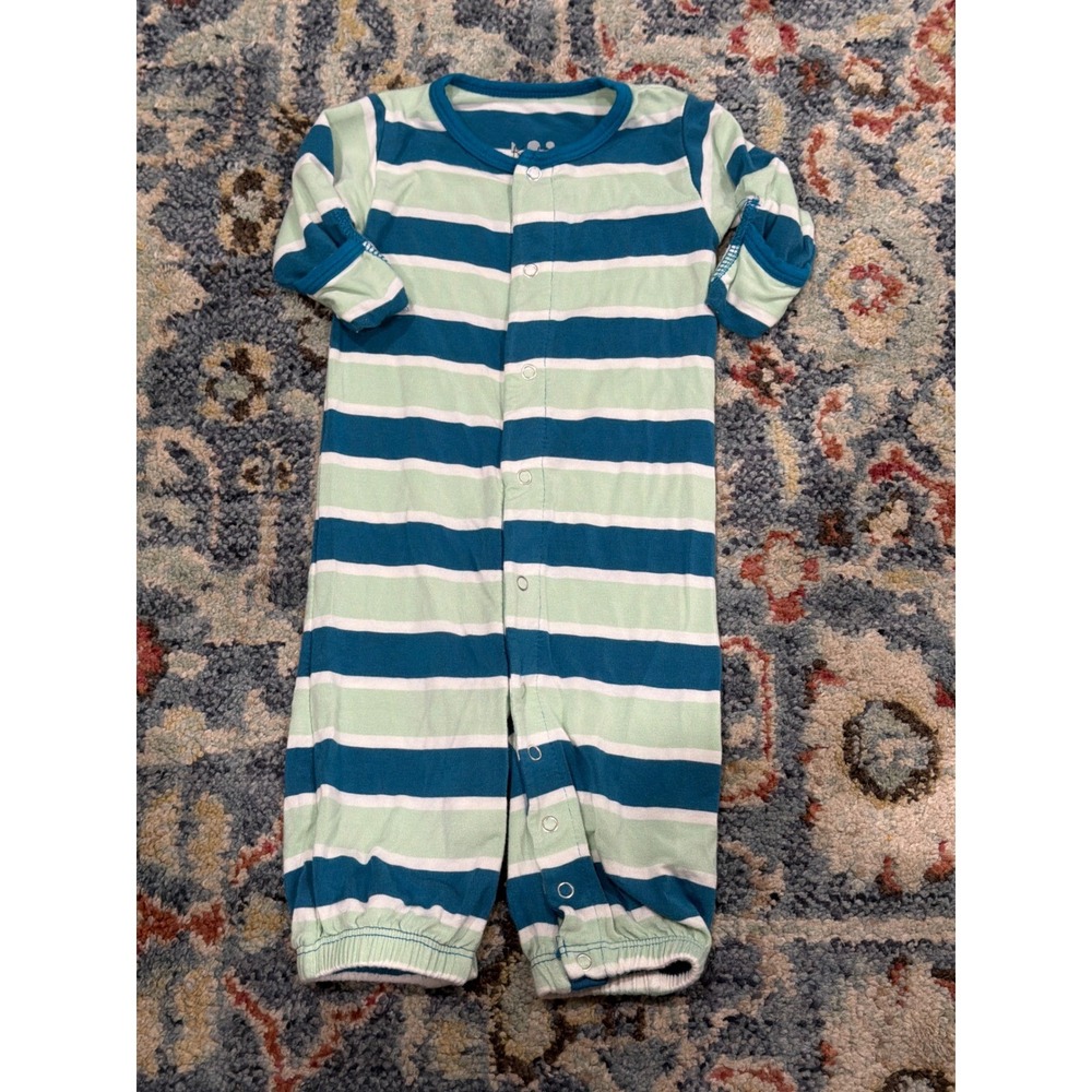 KicKee Pants Convertible Gown Romper Newborn Blue Green Striped EUC‎